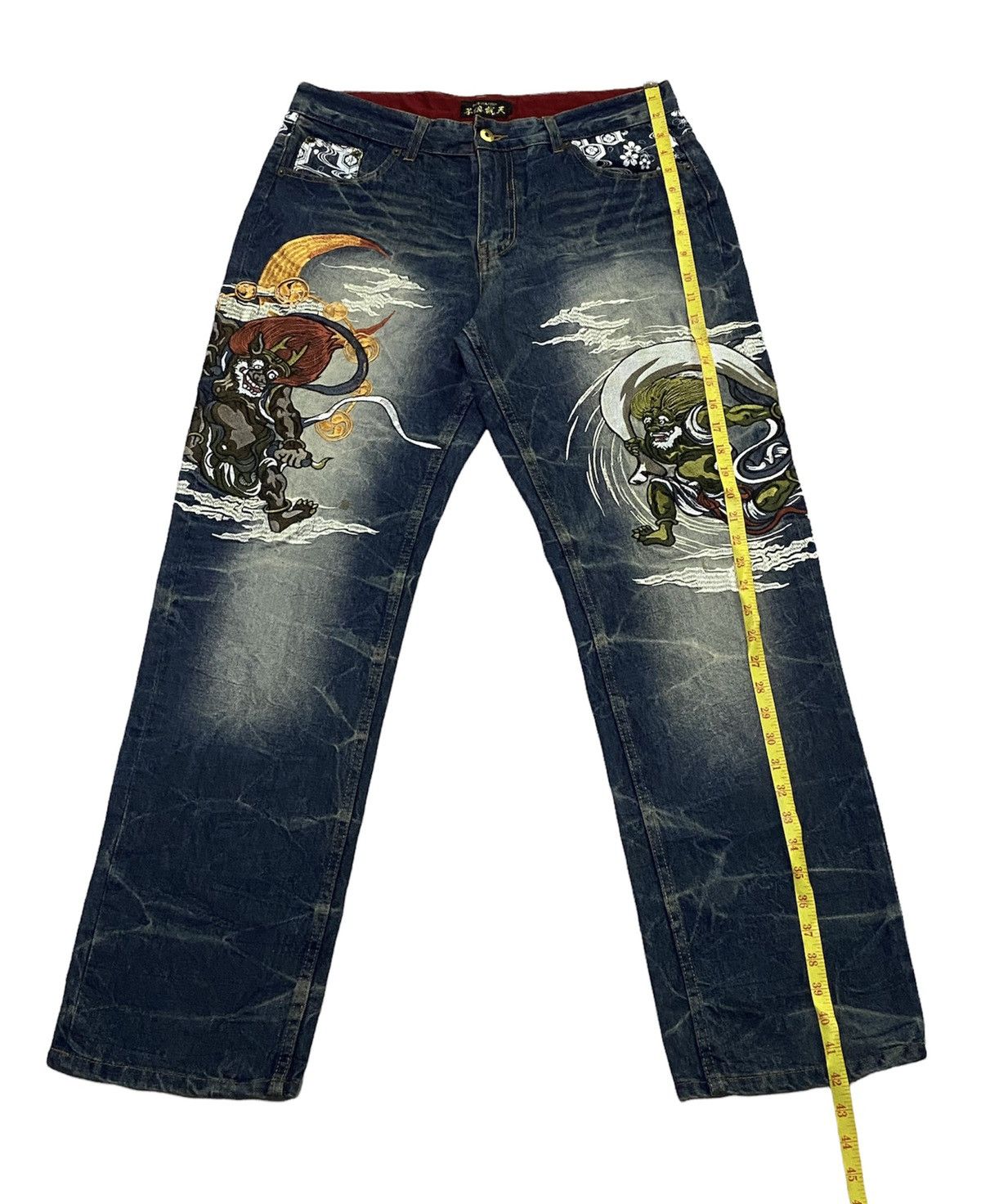 Japanese Brand FUGUTAITEN Fujin Raijin Japanese Style Embroidered Denim Size US 34 / EU 50 - 6 Thumbnail