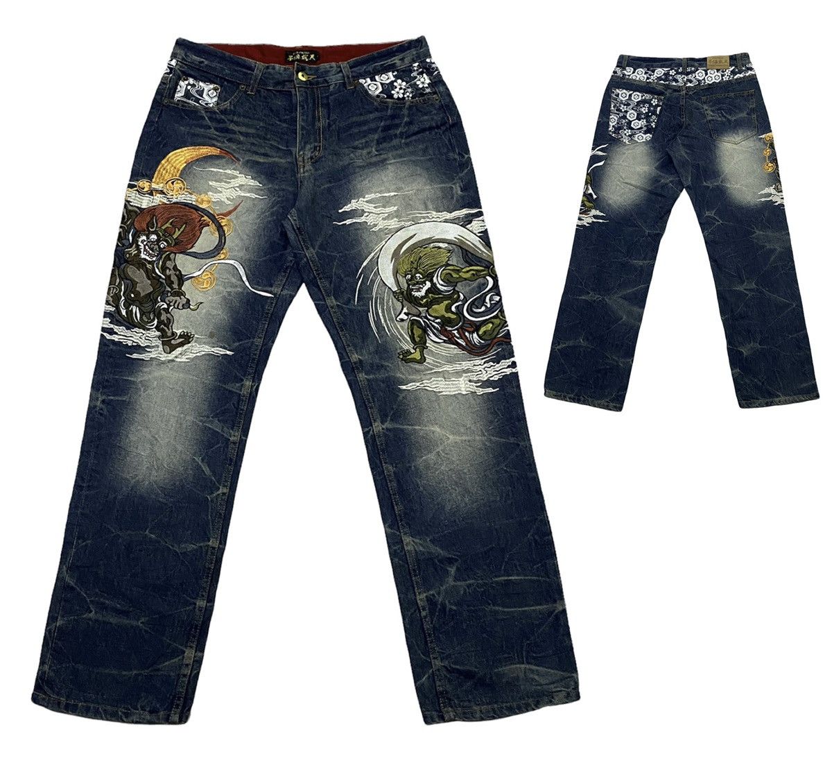 Japanese Brand FUGUTAITEN Fujin Raijin Japanese Style Embroidered Denim Size US 34 / EU 50 - 1 Thumbnail