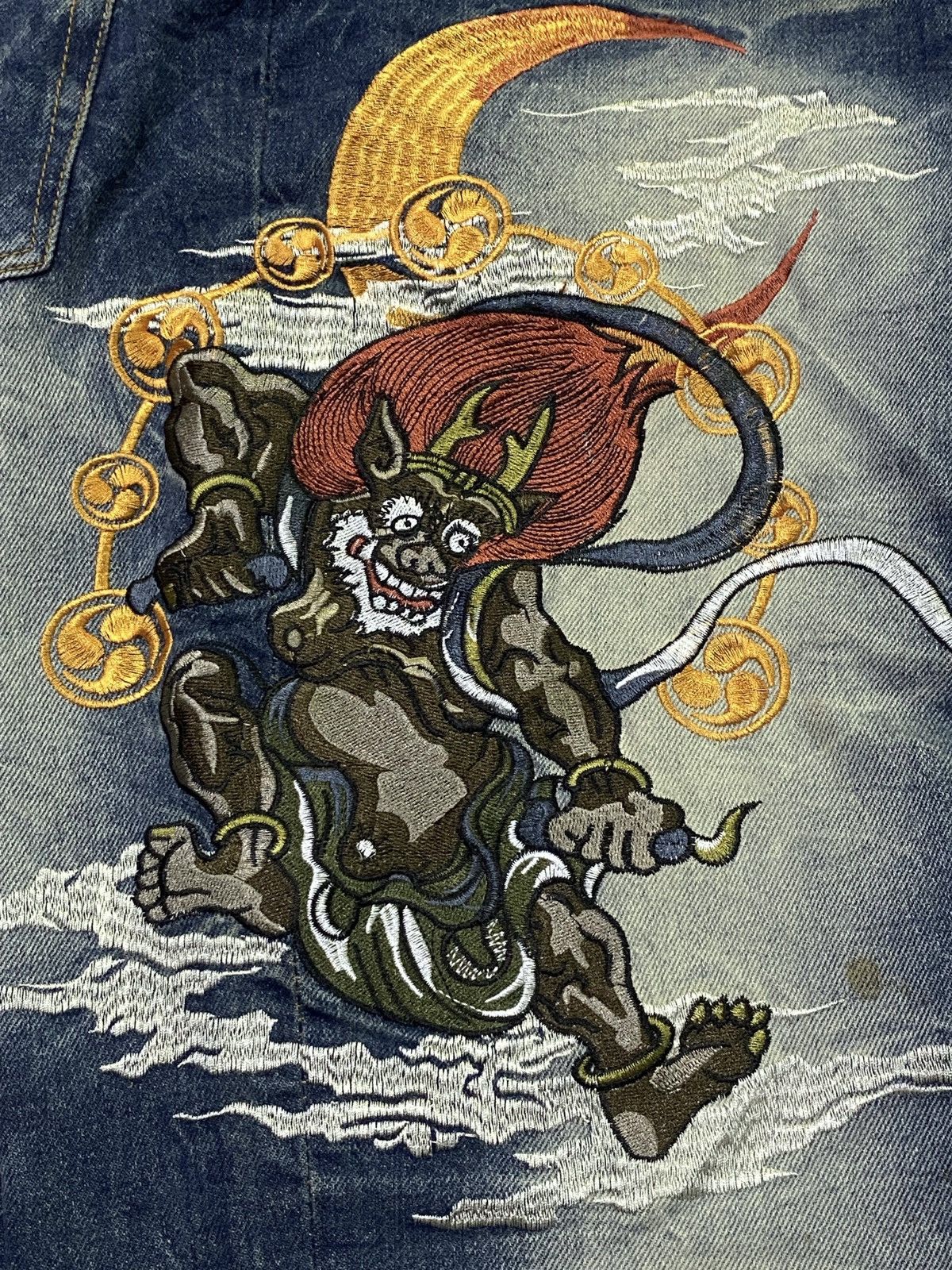 Japanese Brand FUGUTAITEN Fujin Raijin Japanese Style Embroidered Denim Size US 34 / EU 50 - 22 Thumbnail