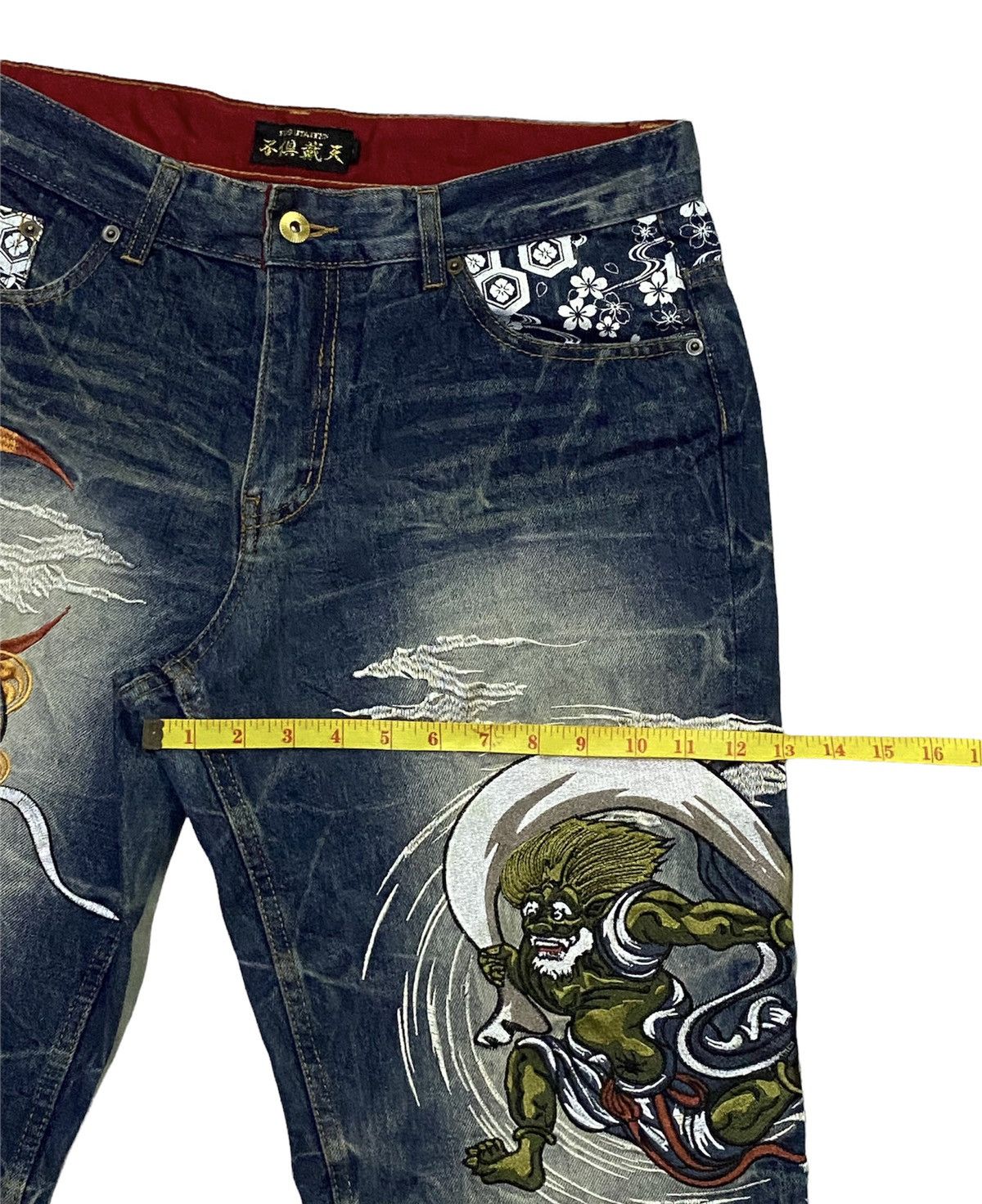 Japanese Brand FUGUTAITEN Fujin Raijin Japanese Style Embroidered Denim Size US 34 / EU 50 - 8 Thumbnail