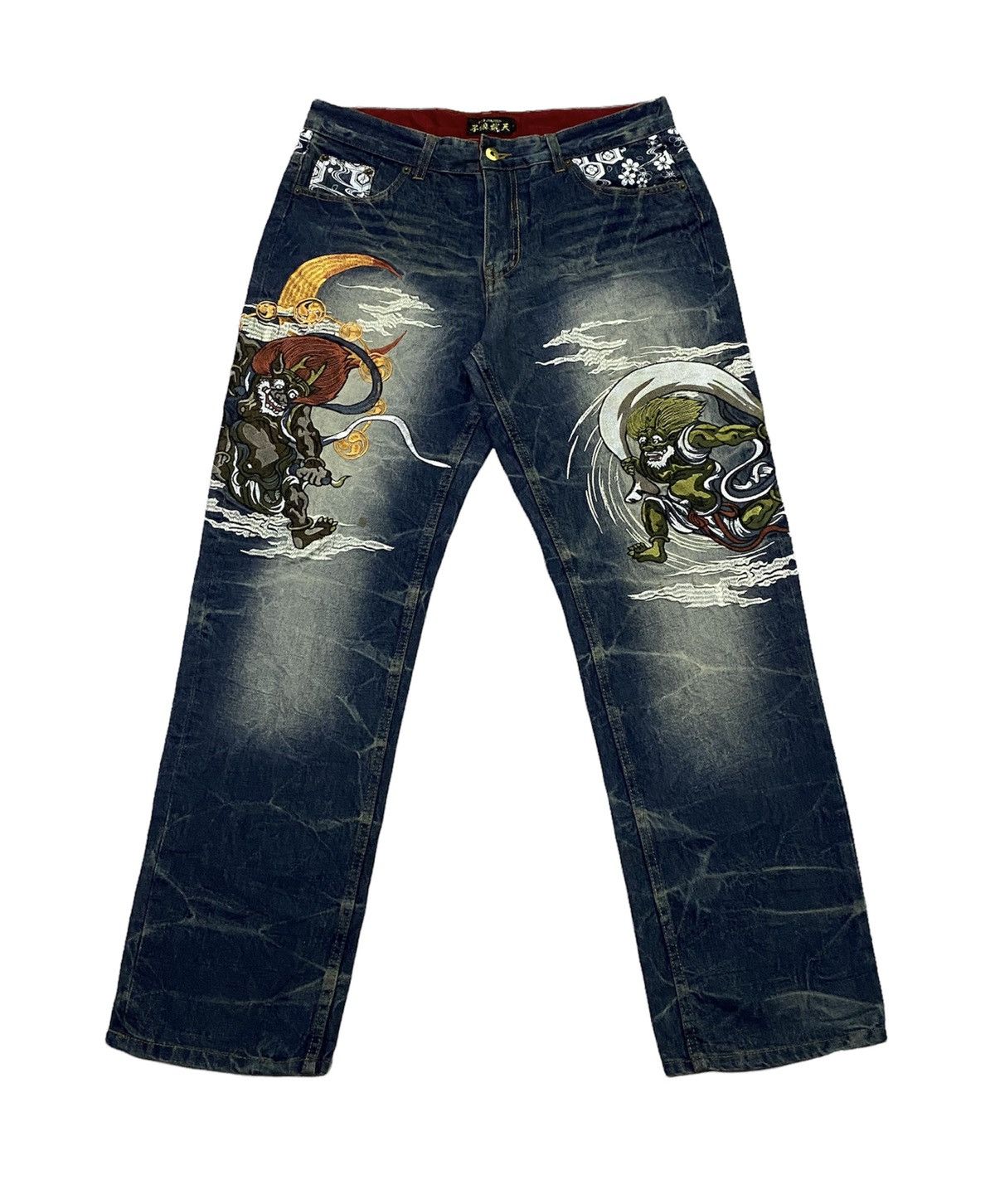 Japanese Brand FUGUTAITEN Fujin Raijin Japanese Style Embroidered Denim Size US 34 / EU 50 - 2 Thumbnail