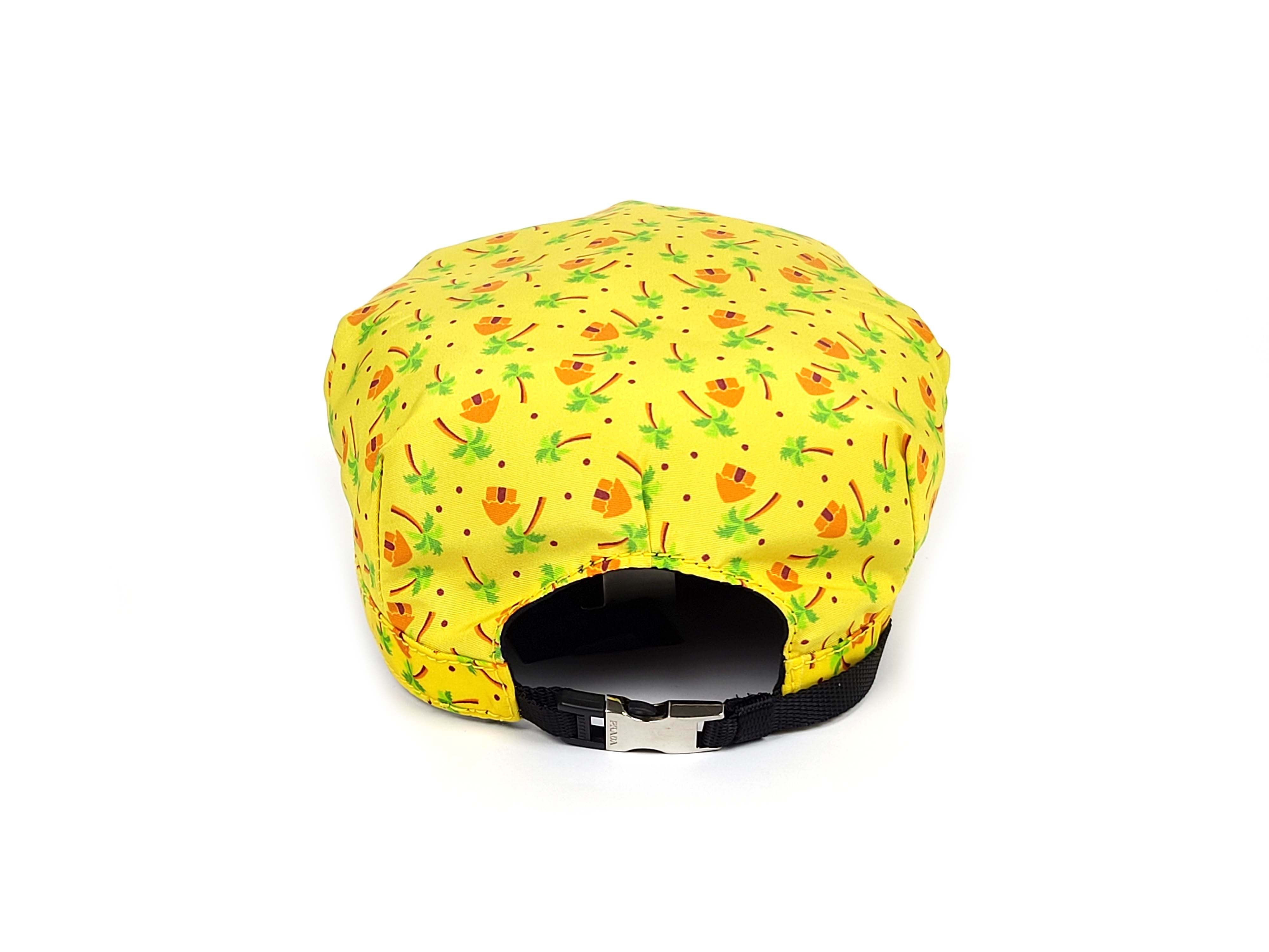 Prada S/S 2017 Yellow Palm Tree Print Silk Faille Cap Hat Size ONE SIZE - 5 Thumbnail