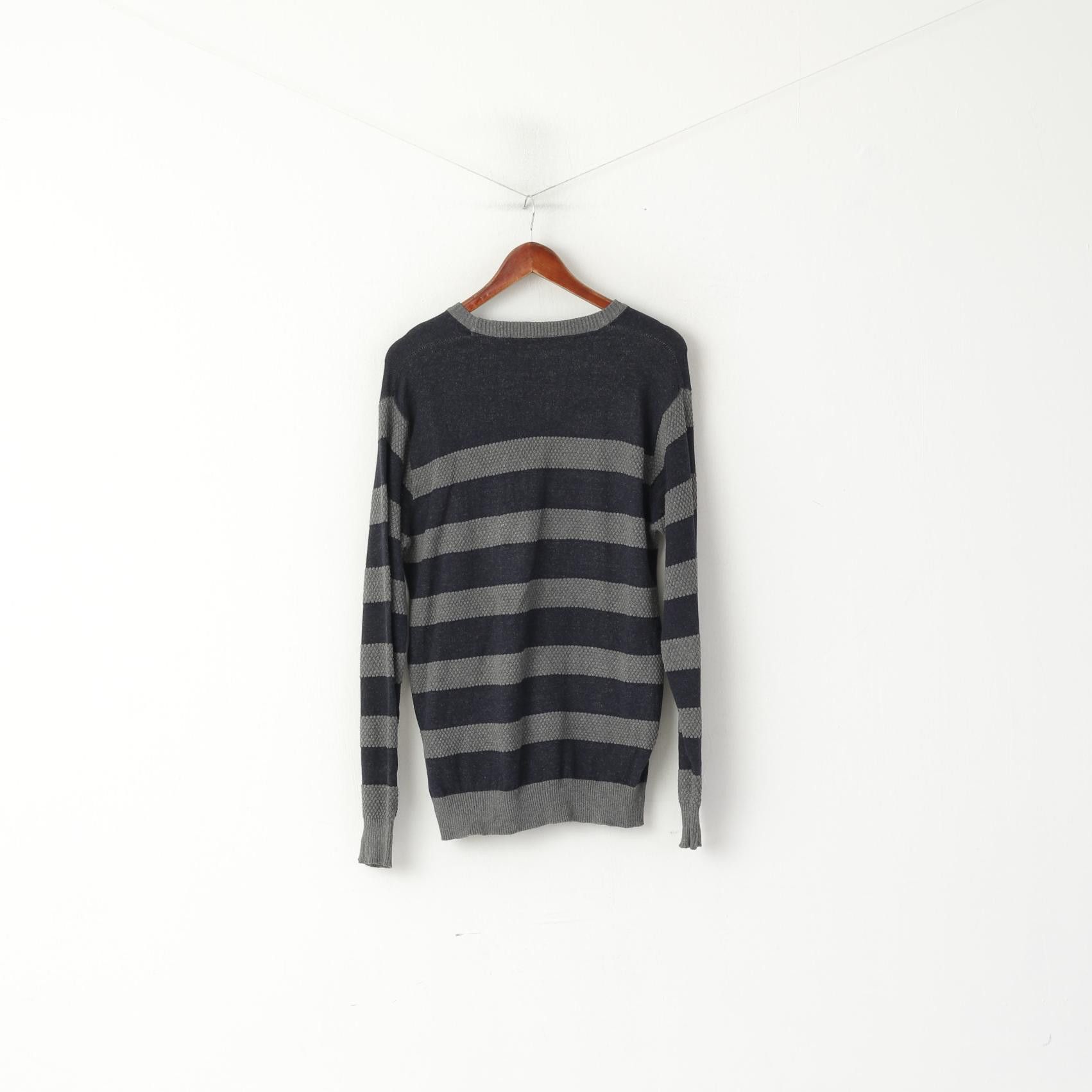Vintage Jacks Selection Men L Jumper Navy Grey Striped Slim 0242 Size US L / EU 52-54 / 3 - 6 Thumbnail
