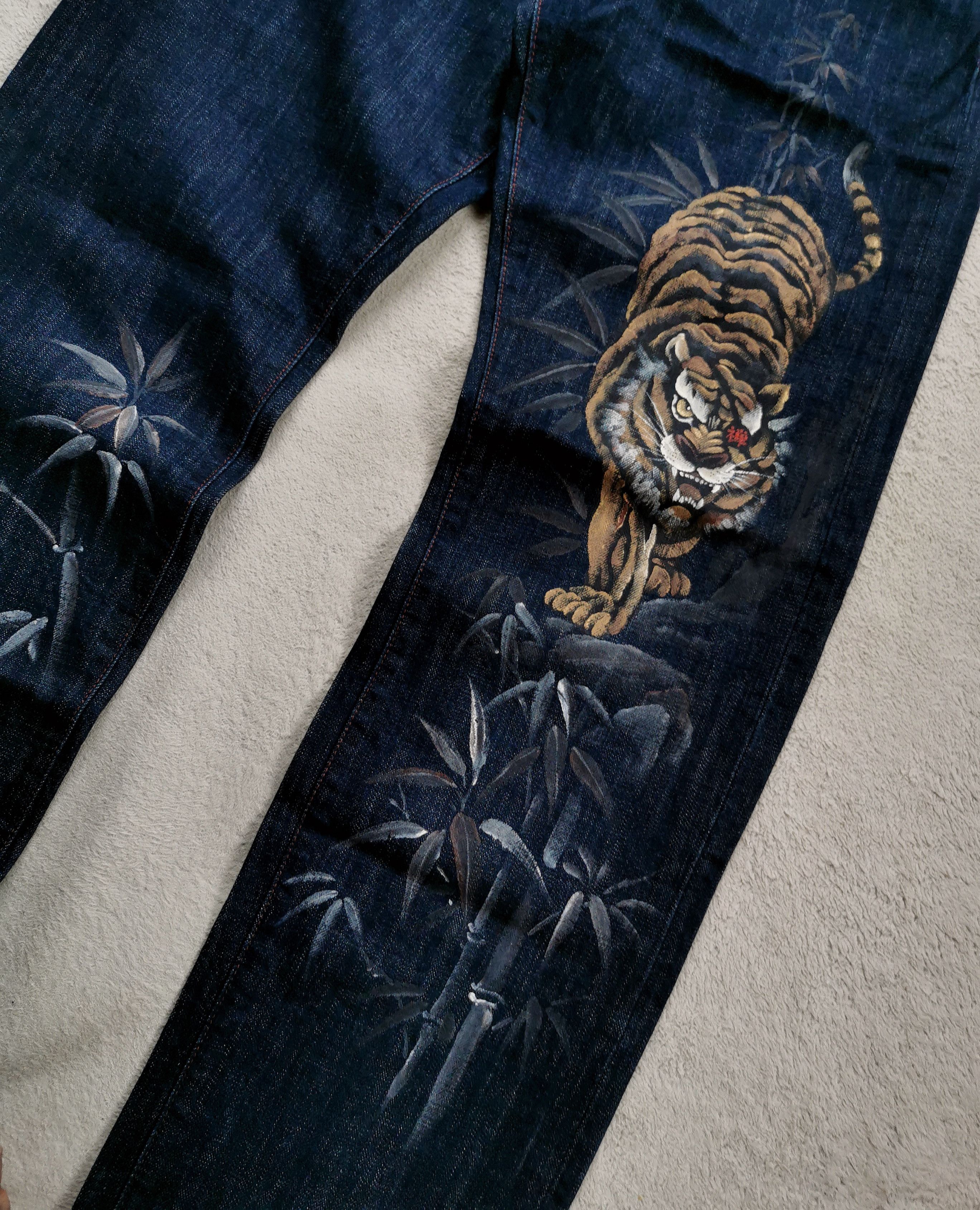 If Six Was Nine Zen Kyoto Style Tiger Bamboo Hand Painted Jeans Size US 33 - 3 Thumbnail