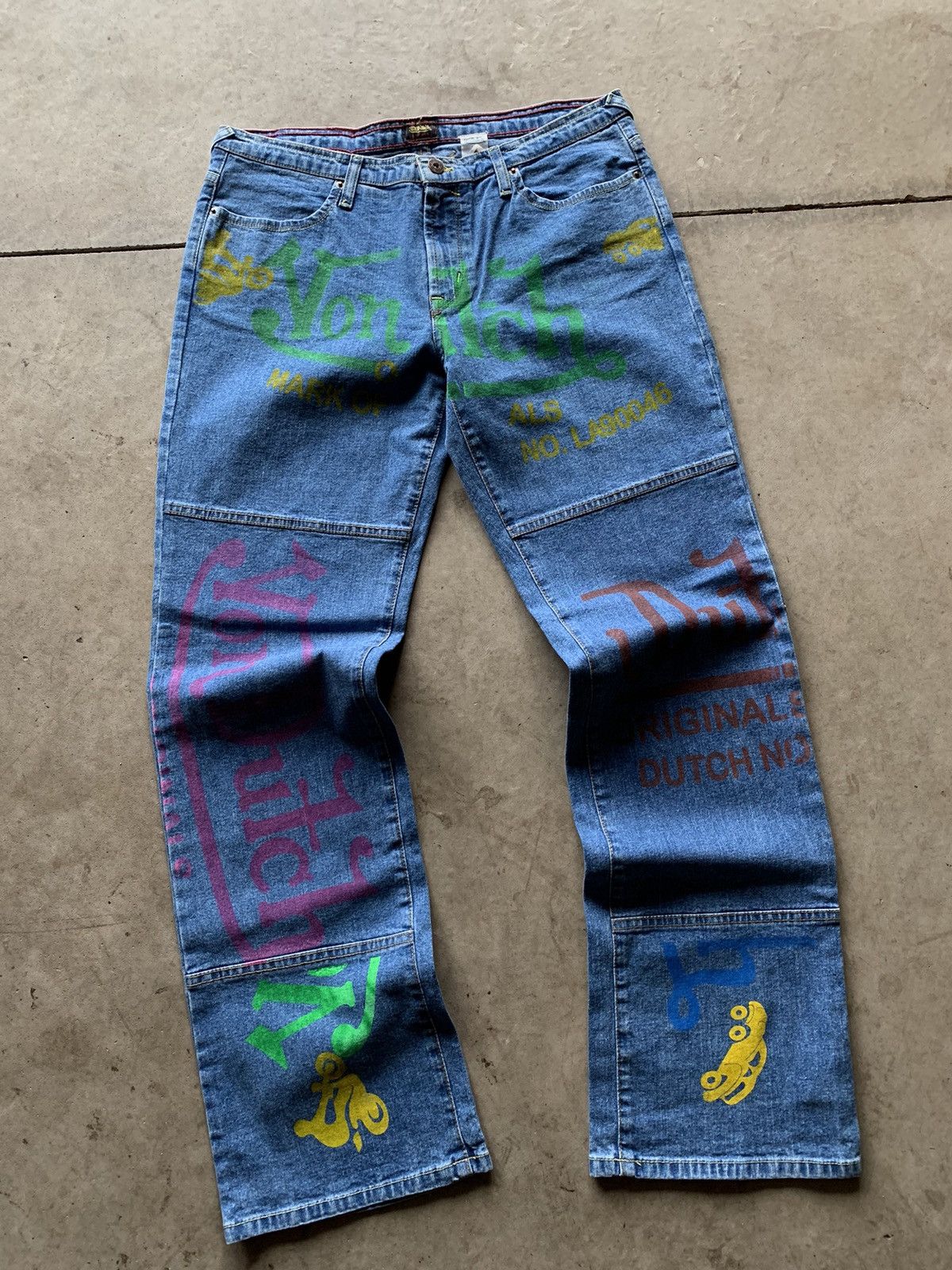 Jean VON DUTCH Vintage 2002 - Denim Bleu - Taille 34x32 - Brodé Kustom - Neuf Sans étiquettes