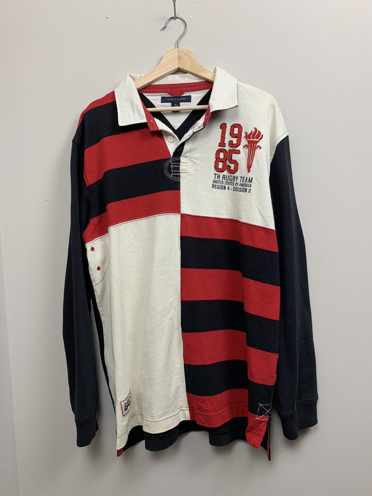 Tommy Hilfiger Border Pattern Long Sleeve Rugby Shirt Men's XL cotton white type Vintage Second Hand