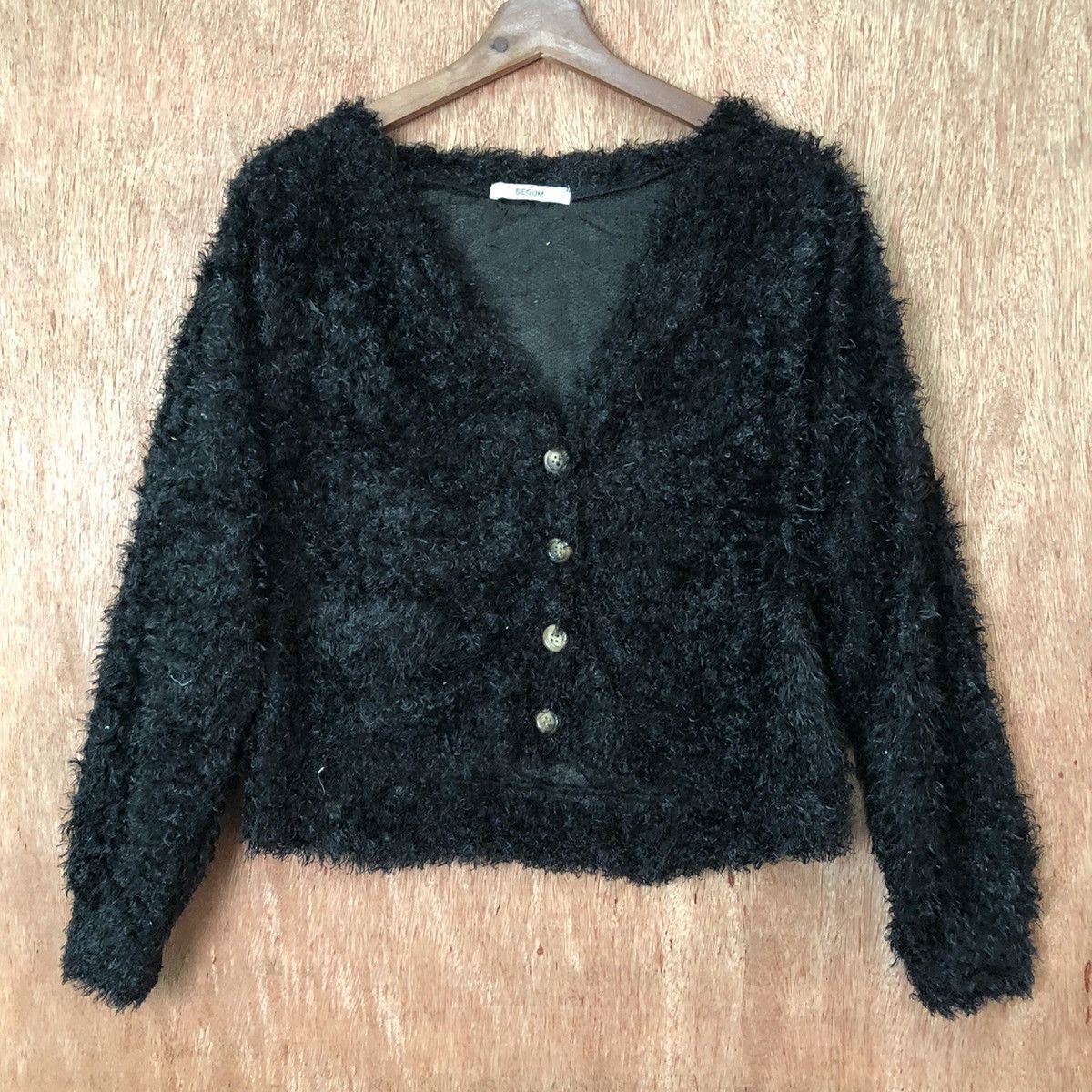 Japanese Brand Begum Black Shag Shaggy Fur Mohair Cardigan #6399DLAL Size M / US 6-8 / IT 42-44 - 3 Thumbnail
