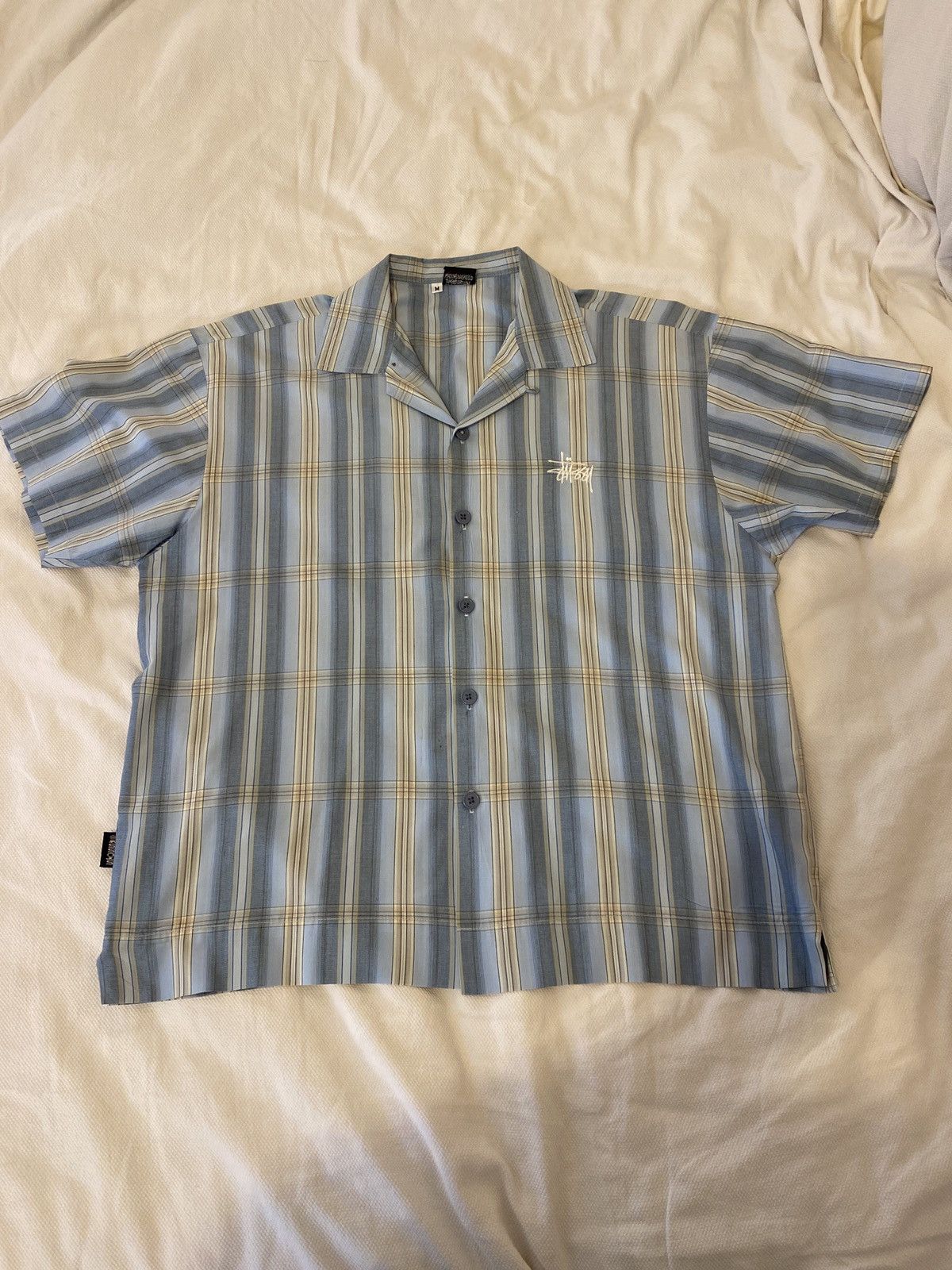 image of Made In USA x Stussy 80’S Stussy Camp Shirt Buttondown Blue/tan Plaid Stripe in Striped (Size Mediu