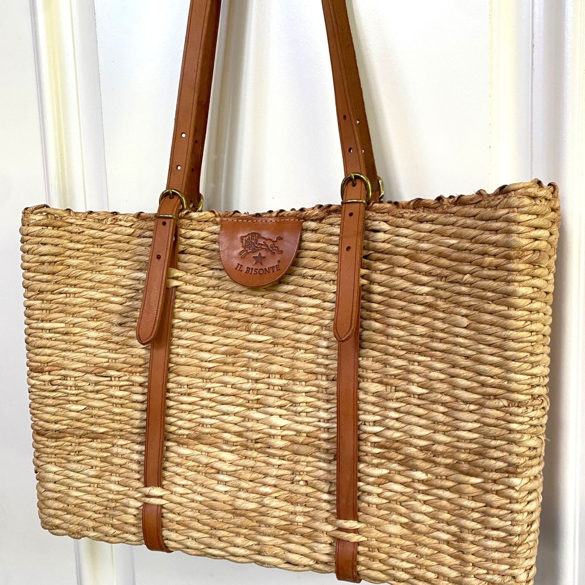 Vintage IL Bisonte Purse Straw Leather Handbag Summer Tote