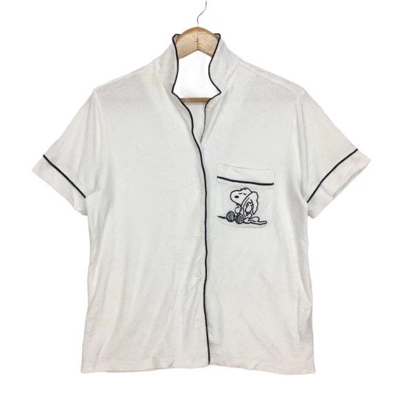 Vtg PEANUTS Snoopy Cartoon Casual Button Up Shirt Cardigan