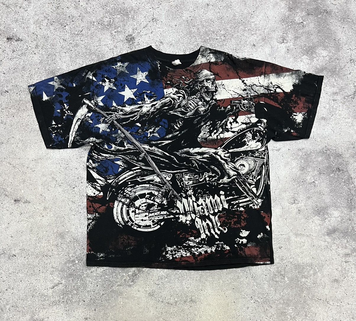 2000s Vintage Biker Miami Ink Allover Print Tee Shirt