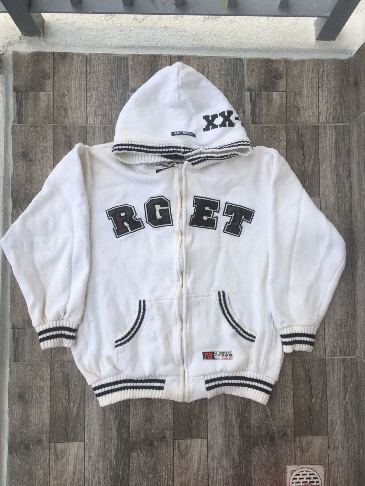 AB TECH Embroidered Hoodies Spell Out Full Zip Distressed