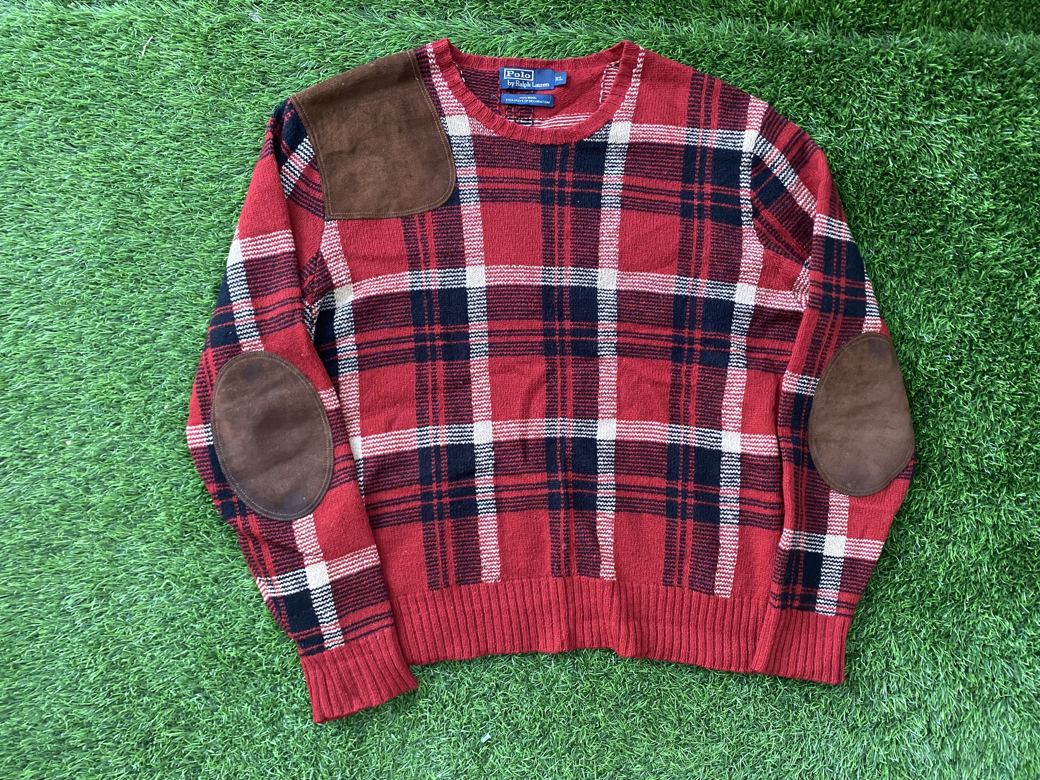 Polo Ralph Lauren Knit Wool Plaid Sweater Mix Leather