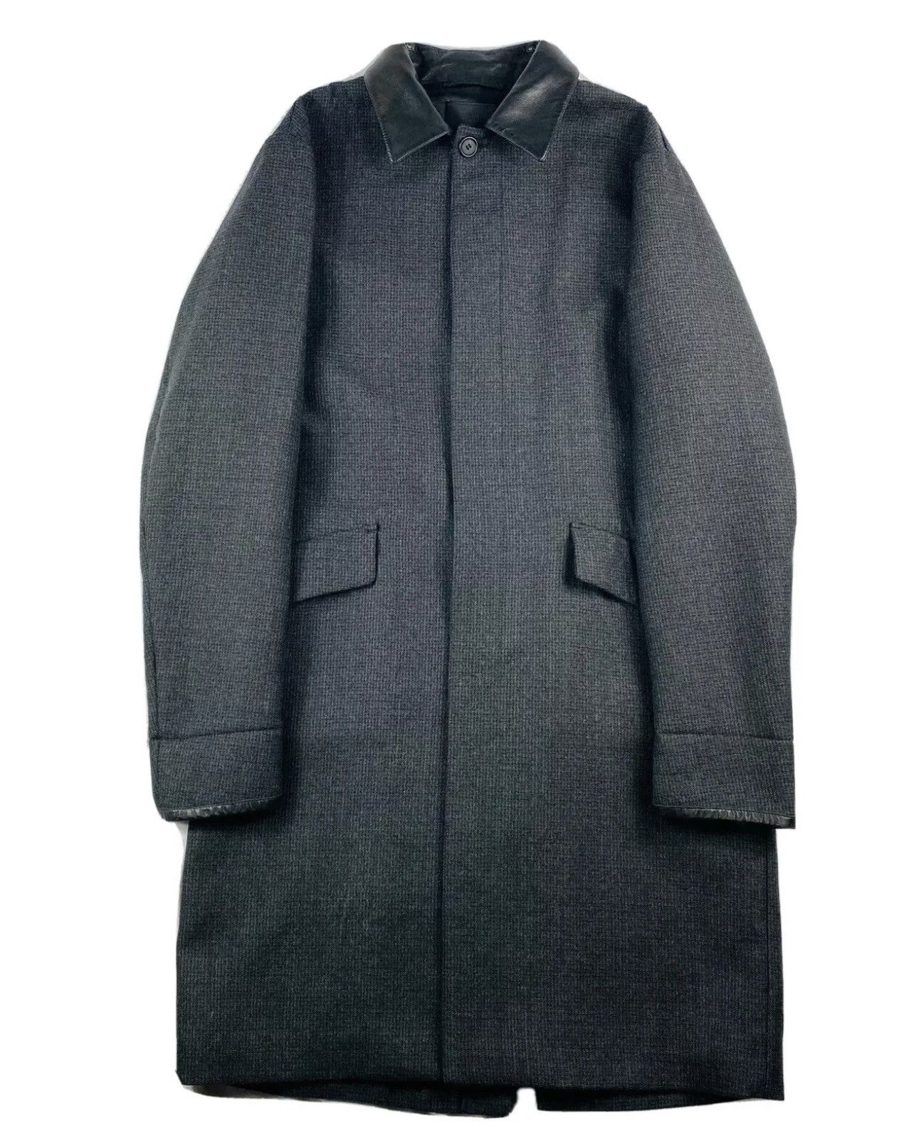 image of $4000 Prada Milano Gray Wool Leather Trim Trench Coat in Grey, Men's (Size Large)