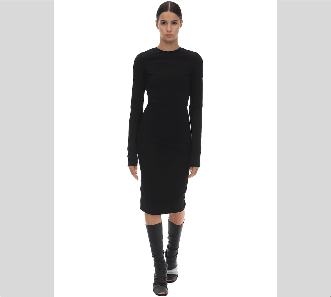 image of Rick Owens Black Sade Long Sleeve Midi Stretch Dress Size 6, Women's