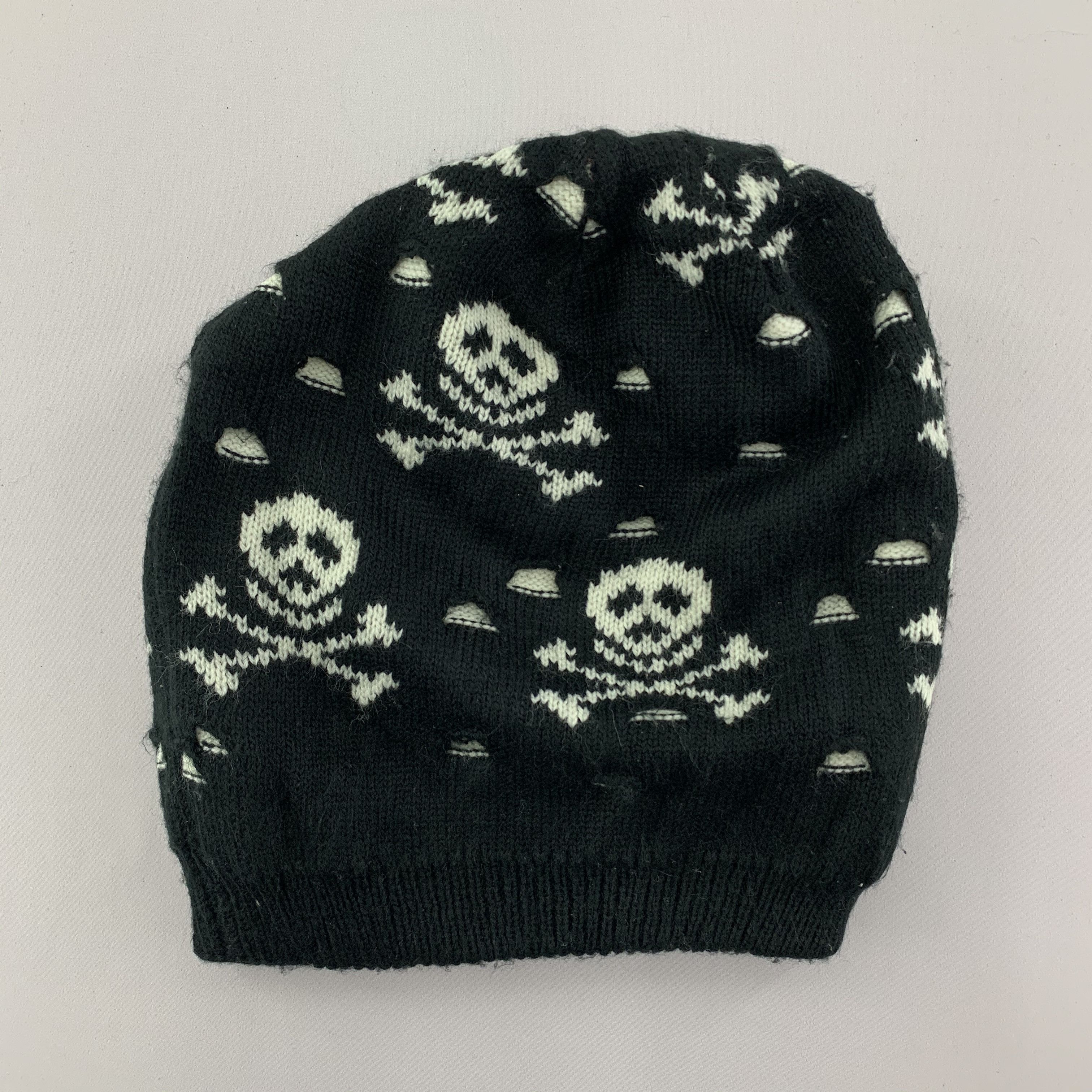 image of Vintage Skulls Beanie Distressed Hat in Black White, Men's