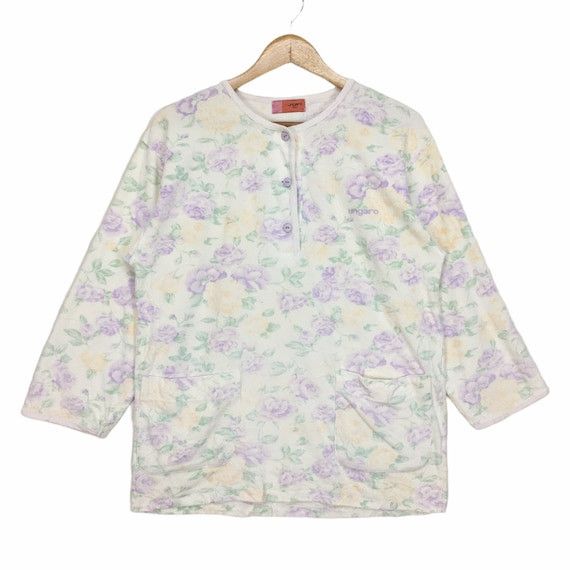 Vtg UNGARO PARIS Floral AOP Henley Fleece Shirt Blouse
