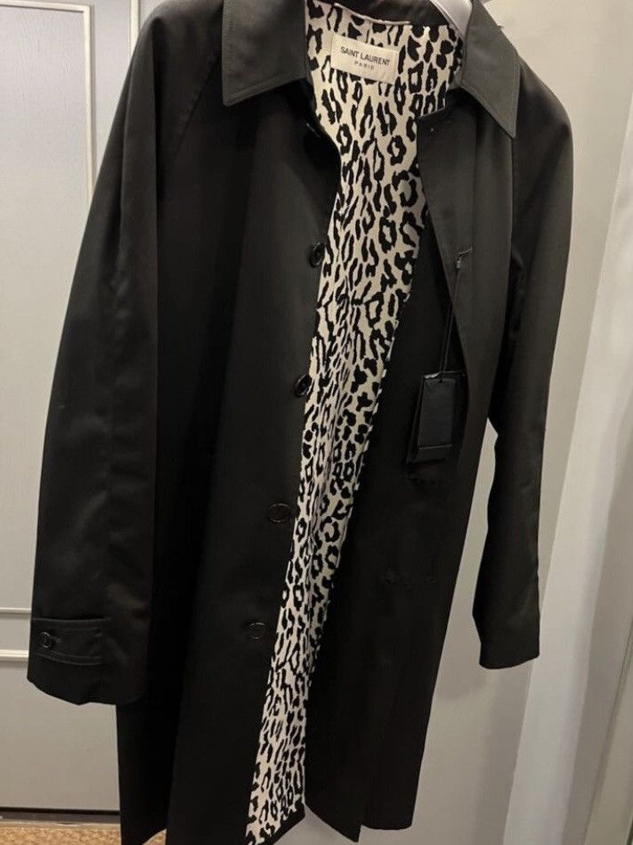 image of Hedi Slimane x Saint Laurent Paris Fw15 Saint Laurent Leopard Lined Trench Coat in Black (Size Medi