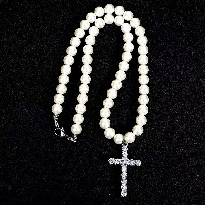 Vintage Punkrock CZ Imitation Diamond Cross Glitter Pearls Necklace ...