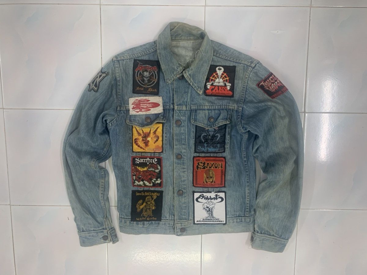 image of Rock Band x Vintage Denim Jacket Full Patches Metal Thrash in Denim/Tan, Men's (Size Small)