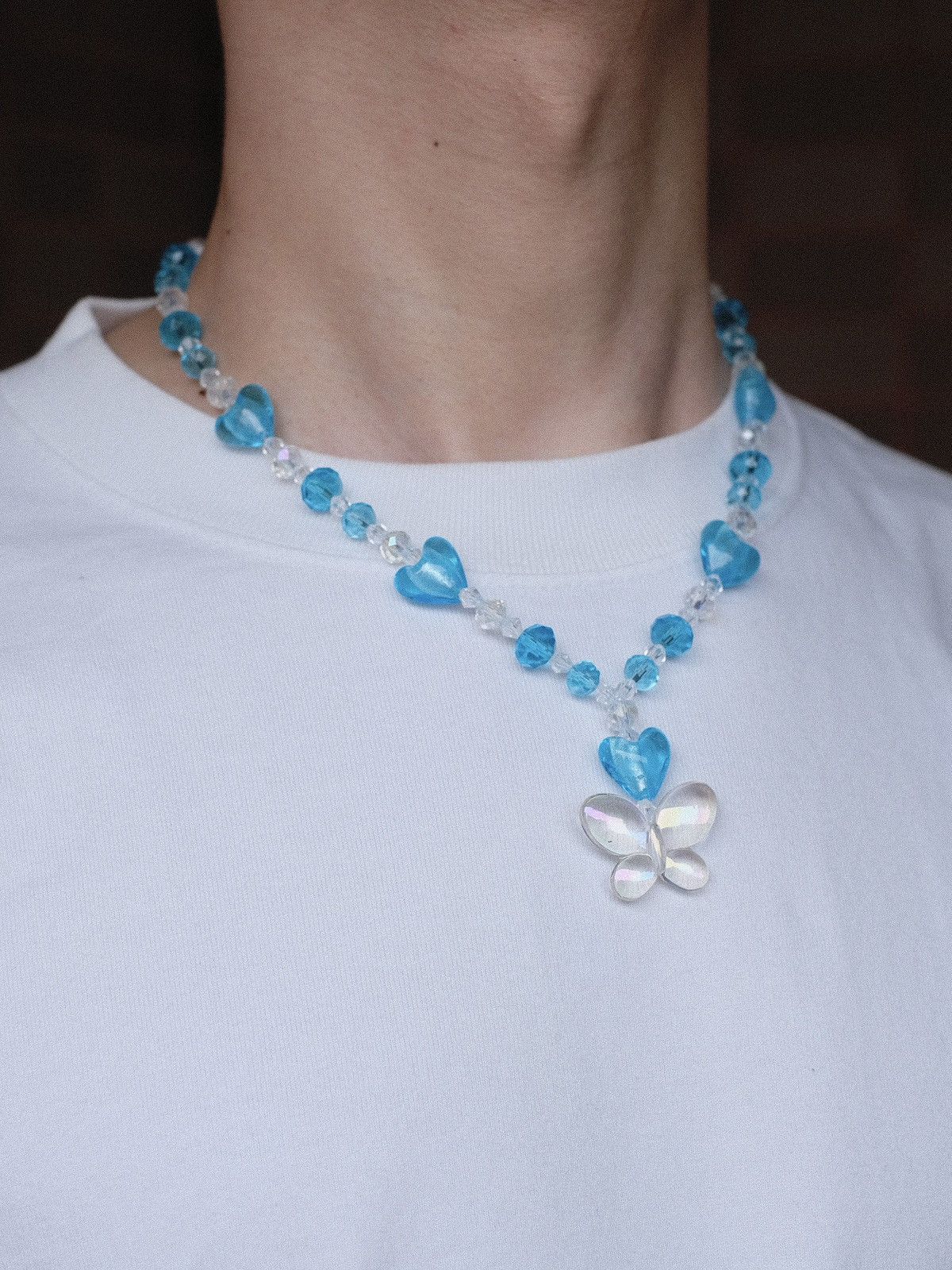 Handmade Heart Butterfly in Blue Handmade Beaded Necklace Size ONE SIZE - 2 Thumbnail