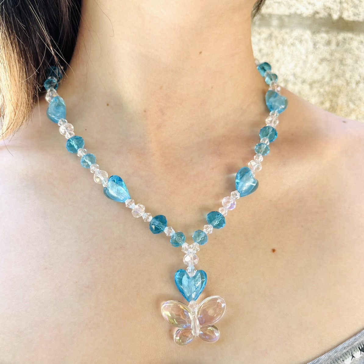 Handmade Heart Butterfly in Blue Handmade Beaded Necklace Size ONE SIZE - 3 Thumbnail