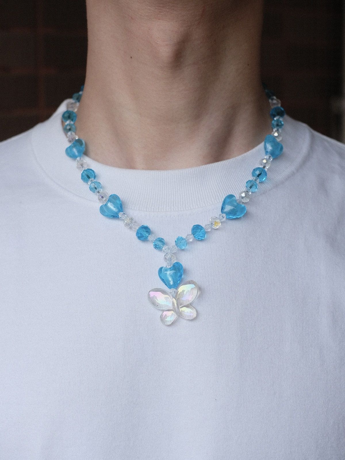 Handmade Heart Butterfly in Blue Handmade Beaded Necklace Size ONE SIZE - 1 Thumbnail