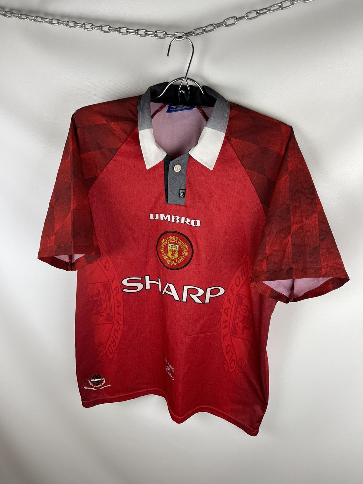 image of Manchester United 1996 98 Home Soccer Jersey Football in Red, Men's (Size XL)