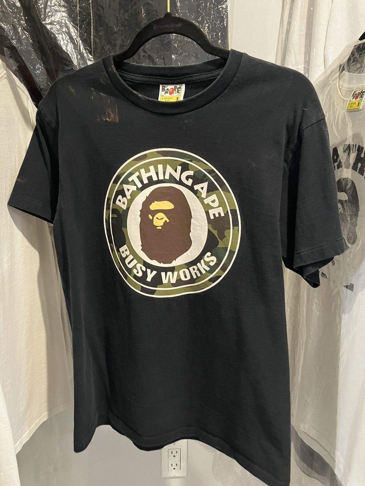 Bape Bape busy works logo tee black size M bleach | Grailed