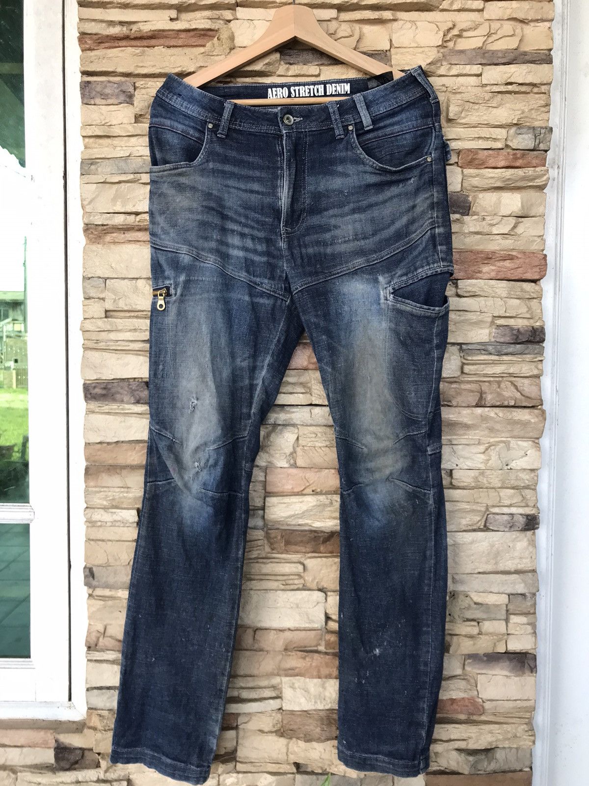 image of Distressed Denim x Vintage Fieldcore Aero Stretch Multipocket Zipper Distressed Jeans in Blue (Size