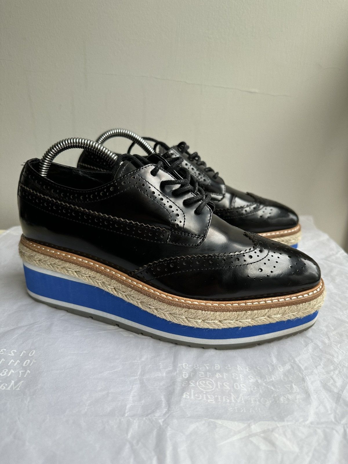 900$ Prada Perforated Wingtip Derby shoes white blue stripe