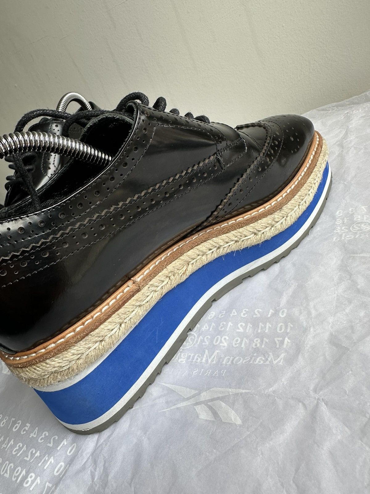 Prada 900$ Prada Perforated Wingtip Derby shoes white blue stripe Size US 7.5 / IT 37.5 - 4 Thumbnail