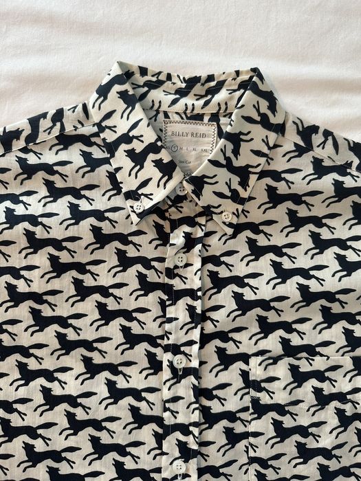 Billy Reid Slim Cut Button Down Shirt in Black Cream Fox Print