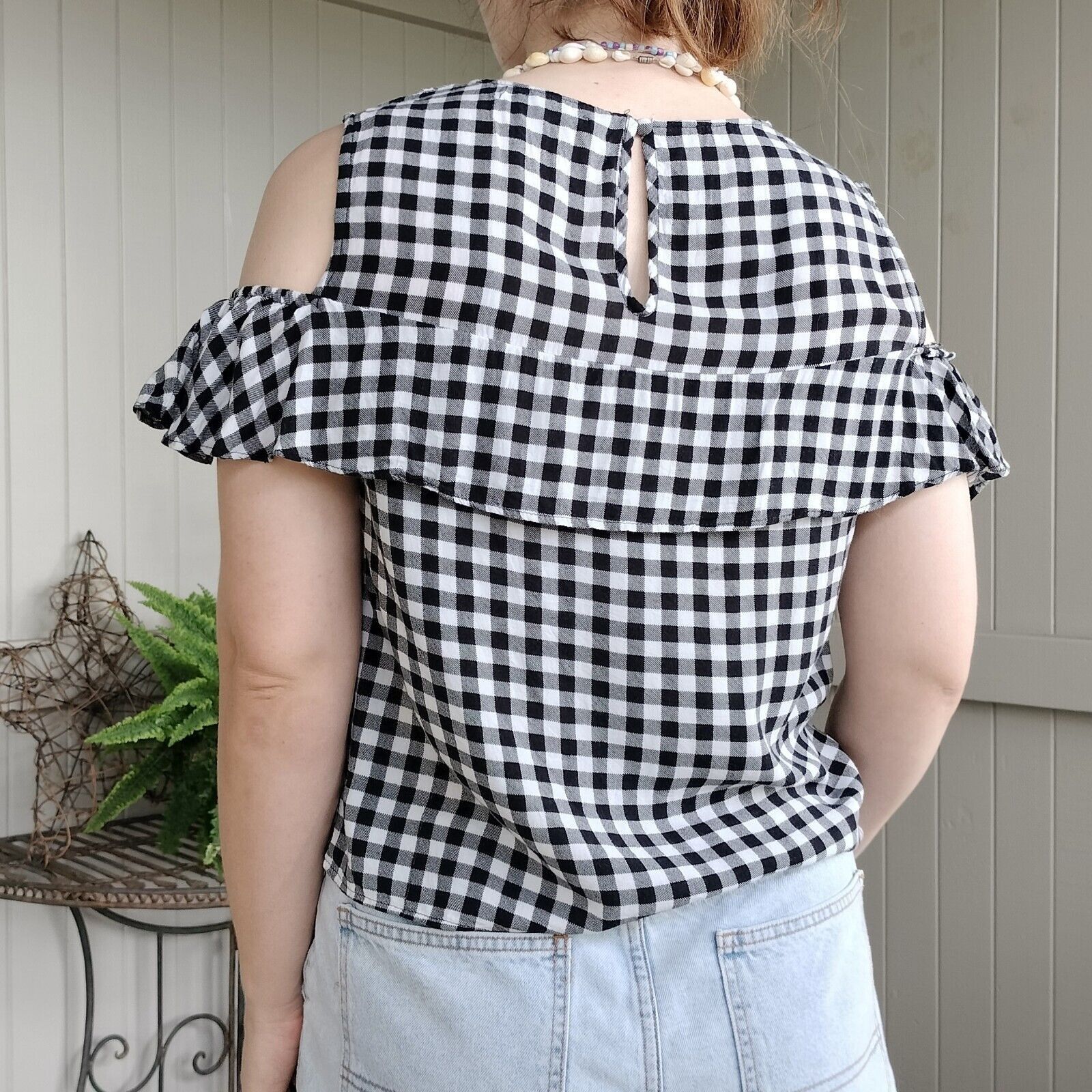 Designer Glamorous Top Blouse White Black Gingham Ruffle Size M / US 6-8 / IT 42-44 - 4 Thumbnail