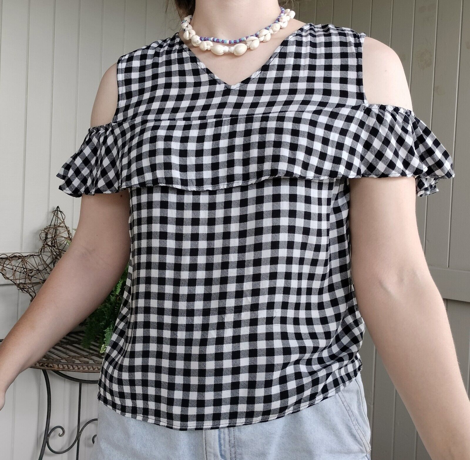 Designer Glamorous Top Blouse White Black Gingham Ruffle Size M / US 6-8 / IT 42-44 - 3 Thumbnail