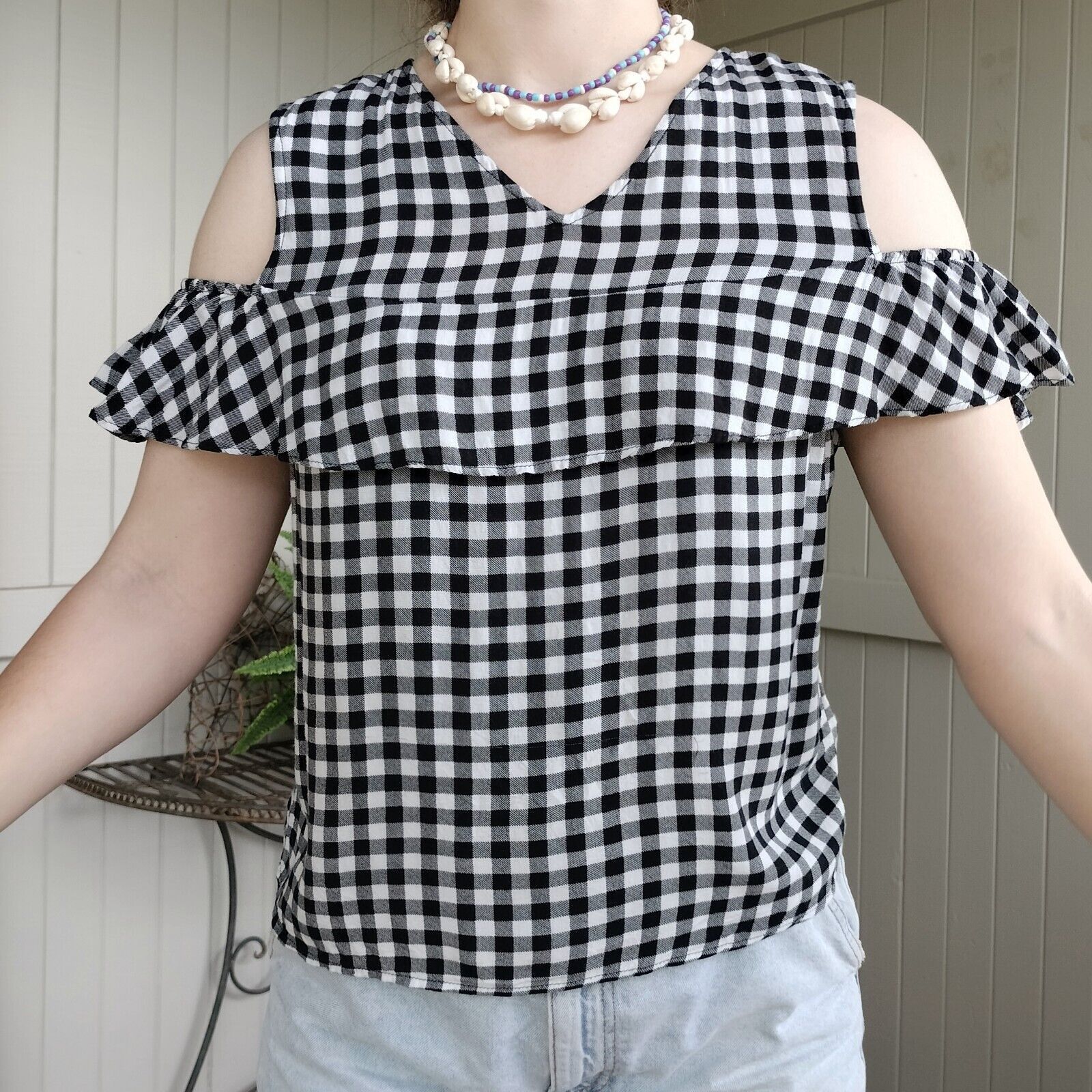 Designer Glamorous Top Blouse White Black Gingham Ruffle Size M / US 6-8 / IT 42-44 - 2 Thumbnail