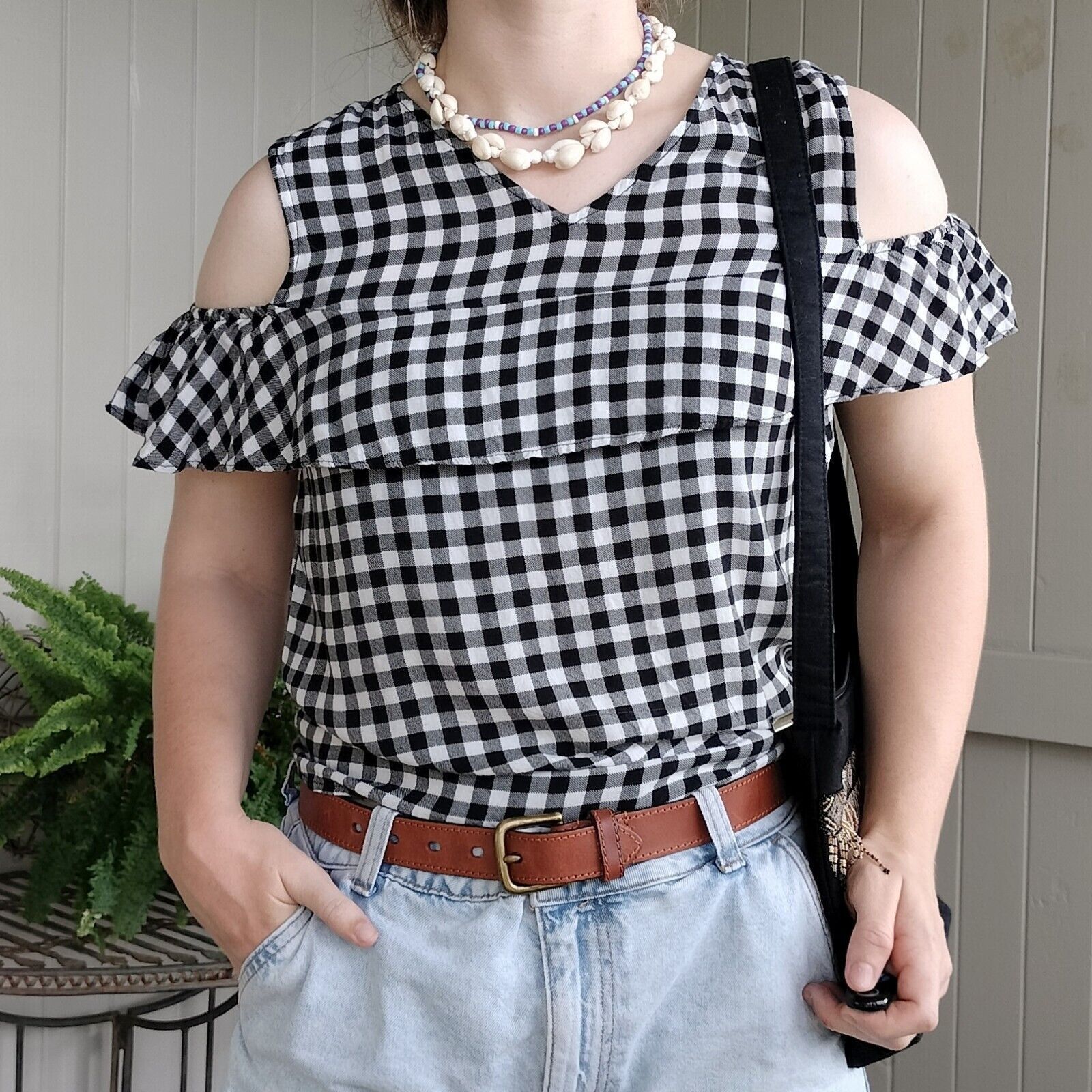 Designer Glamorous Top Blouse White Black Gingham Ruffle Size M / US 6-8 / IT 42-44 - 1 Thumbnail