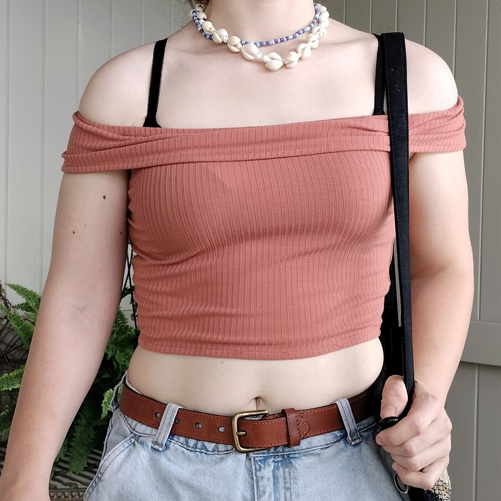 MINKPINK Minkpink Top Rust Crop Off Shoulder Knit Ribbed Size S / US 4 / IT 40 - 1 Thumbnail