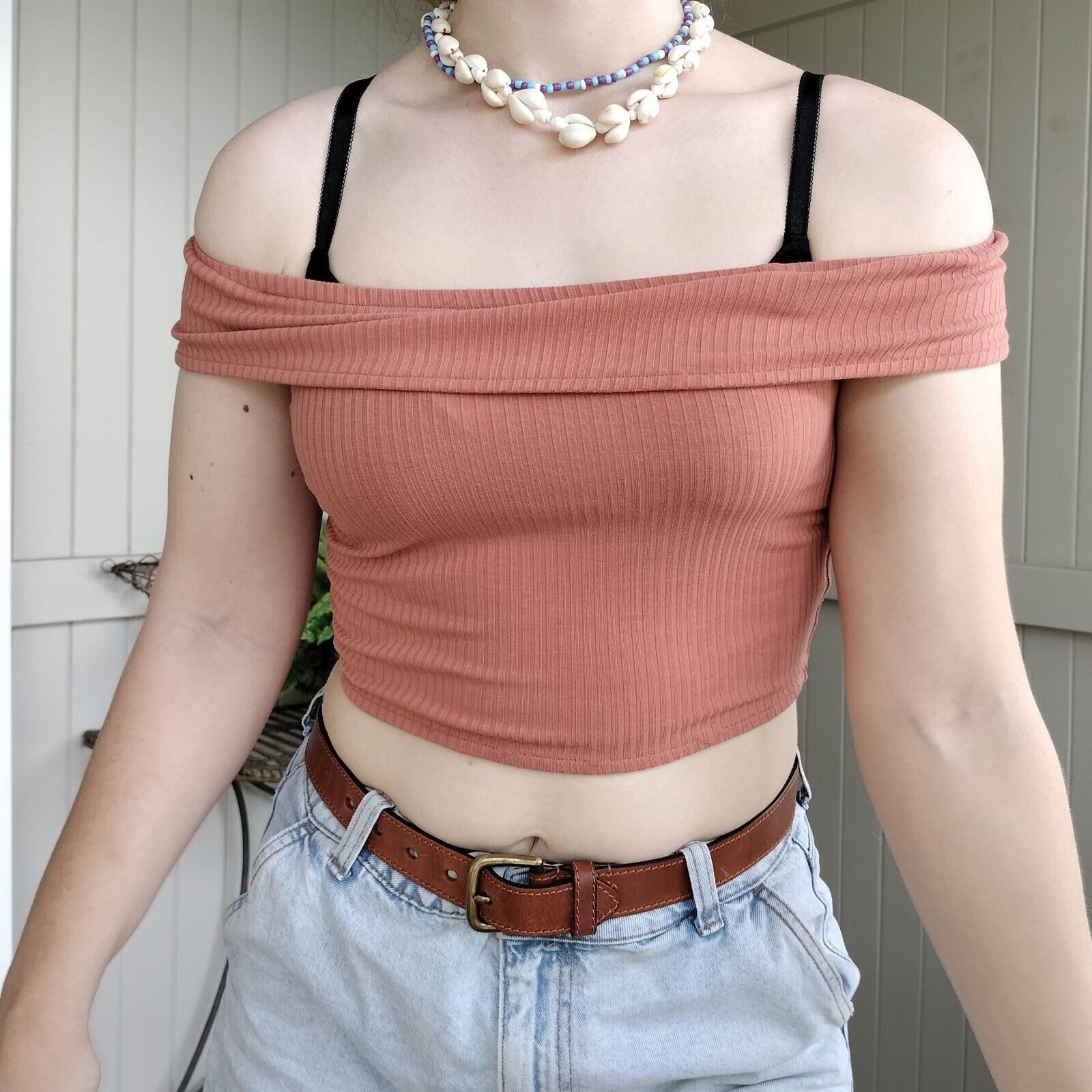 MINKPINK Minkpink Top Rust Crop Off Shoulder Knit Ribbed Size S / US 4 / IT 40 - 3 Thumbnail
