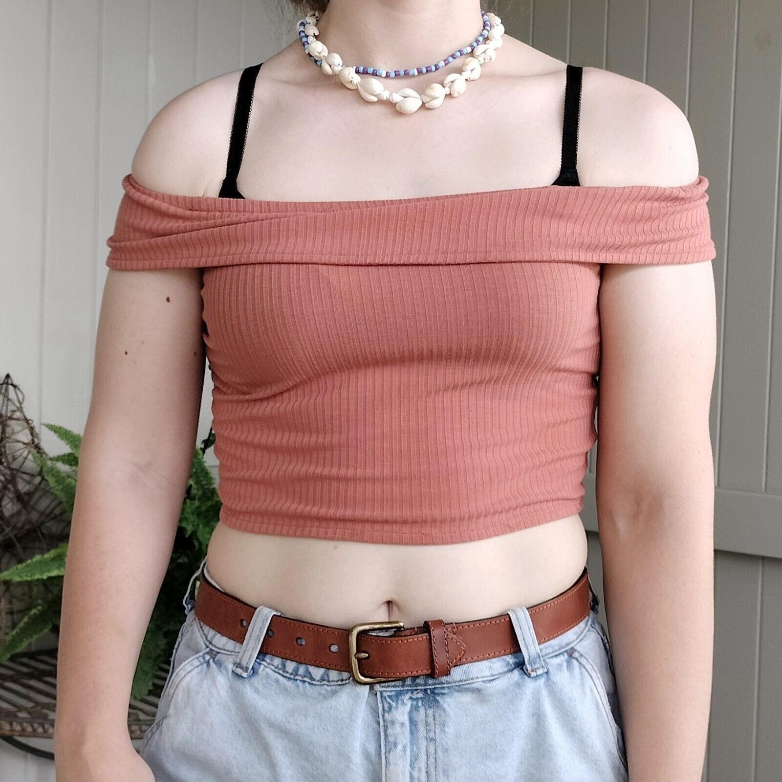 MINKPINK Minkpink Top Rust Crop Off Shoulder Knit Ribbed Size S / US 4 / IT 40 - 2 Thumbnail