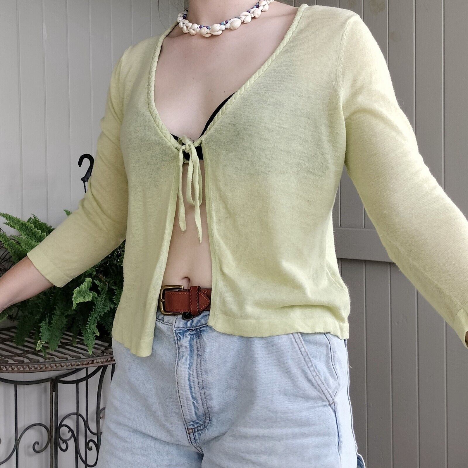 Designer × Vintage Vintage Y2K Cardigan Knit Linen Braided Tie Front 2000s Size M / US 6-8 / IT 42-44 - 3 Thumbnail