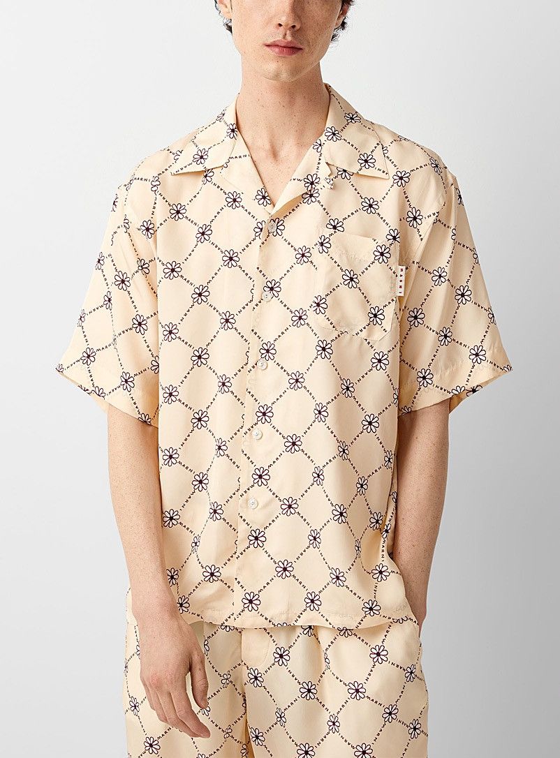 image of New 46 Silky Floral Pattern Marni Camp Collar Shirt Flowers in Ivory Beige, Men's (Size Small)