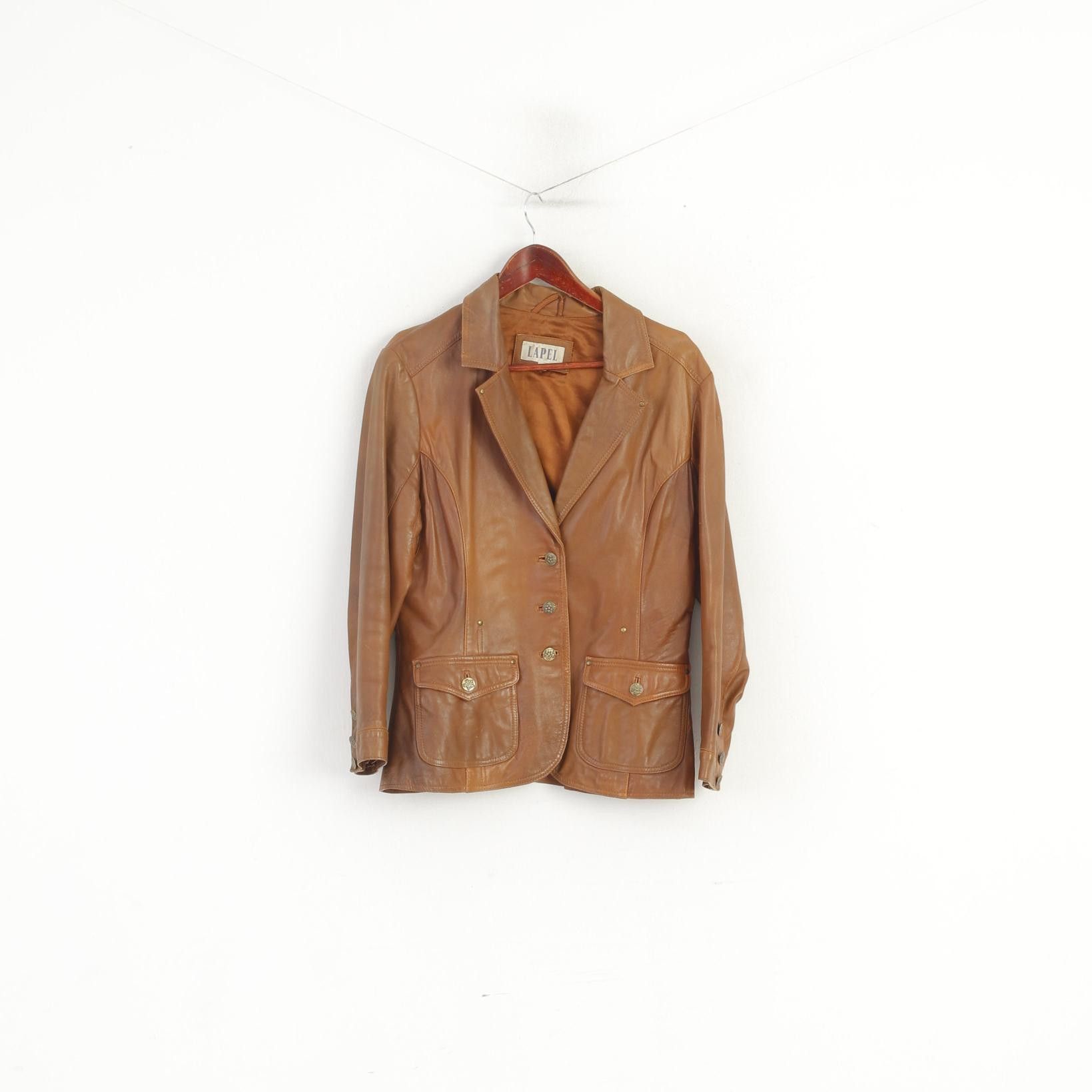 Vintage Lapel Women XL (L) Jacket Camel Leather 6201 Size L / US 10 / IT 46 - 2 Thumbnail