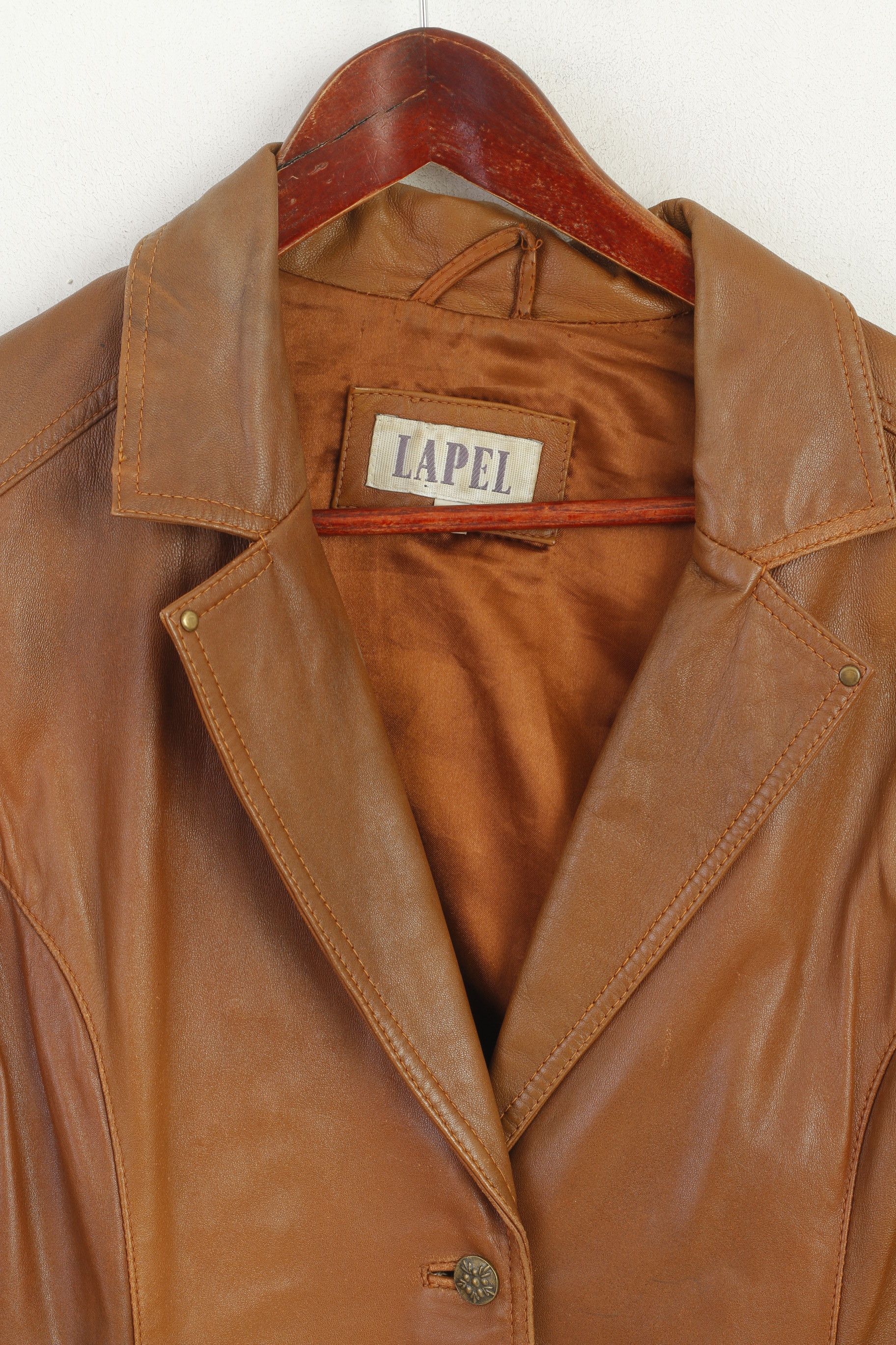 Vintage Lapel Women XL (L) Jacket Camel Leather 6201 Size L / US 10 / IT 46 - 3 Thumbnail