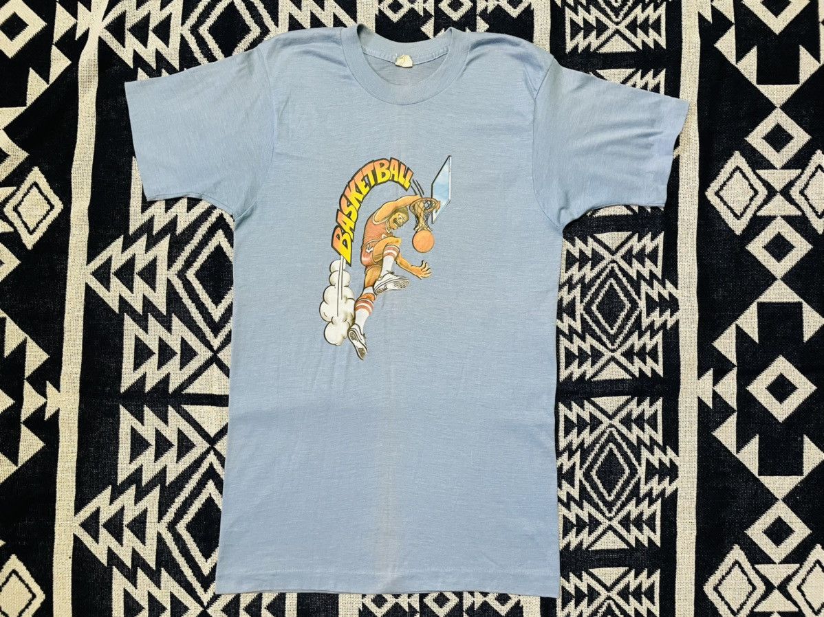 image of Vintage 70’S Iron On Printed Basketball People T Shirt in Blue, Men's (Size Medium)
