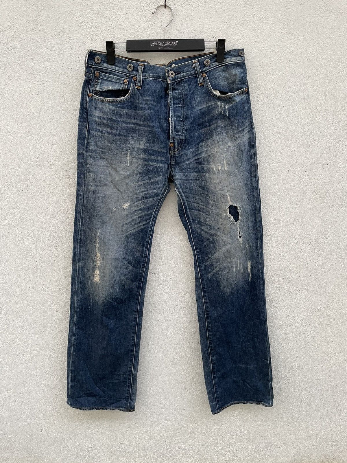 image of Levis x Vintage Levi’S 201 Rips Repair Jeans in Blue, Men's (Size 34)