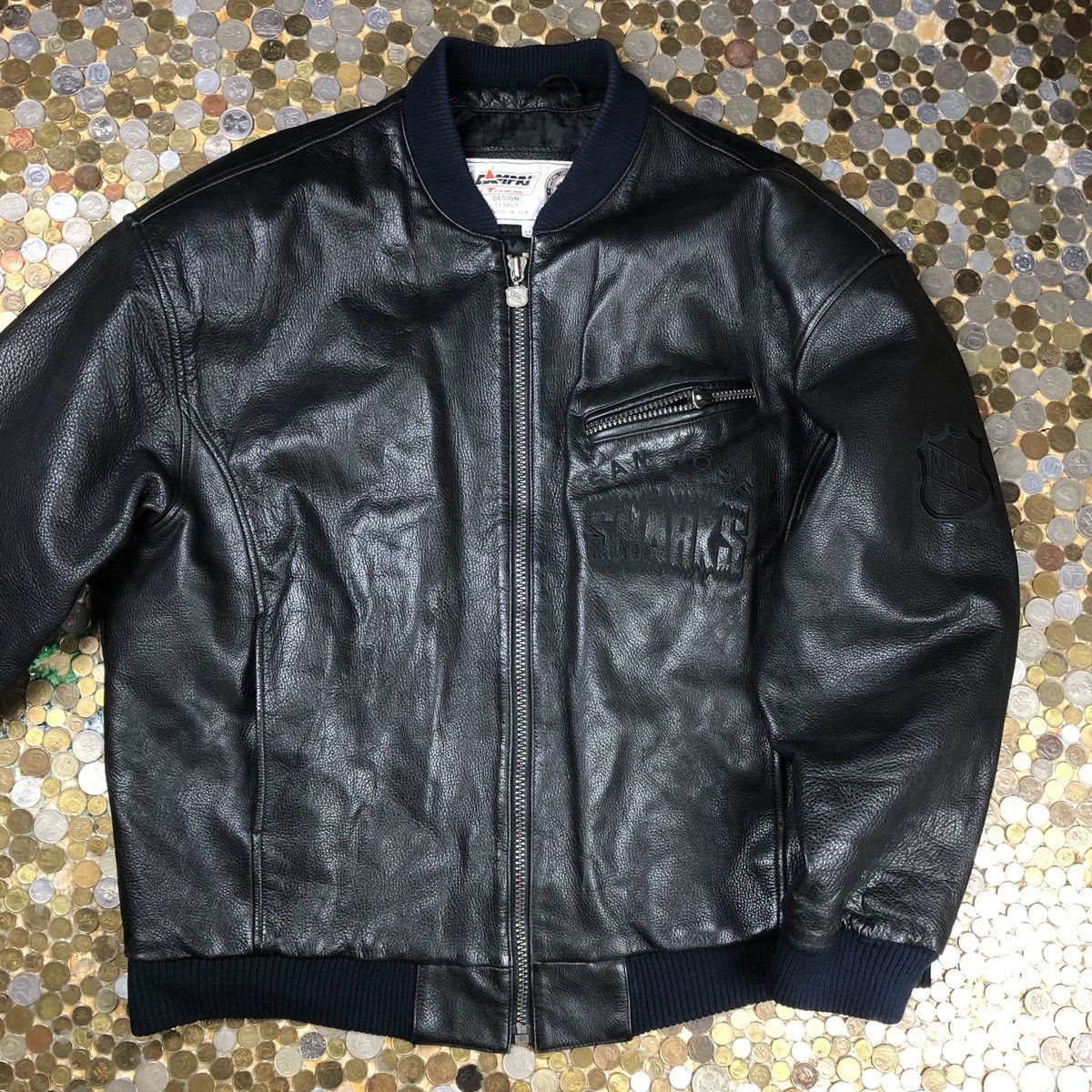 image of 90's Nhl San Jose Sharks Leather Bomber Jacket in Black, Men's (Size XL)