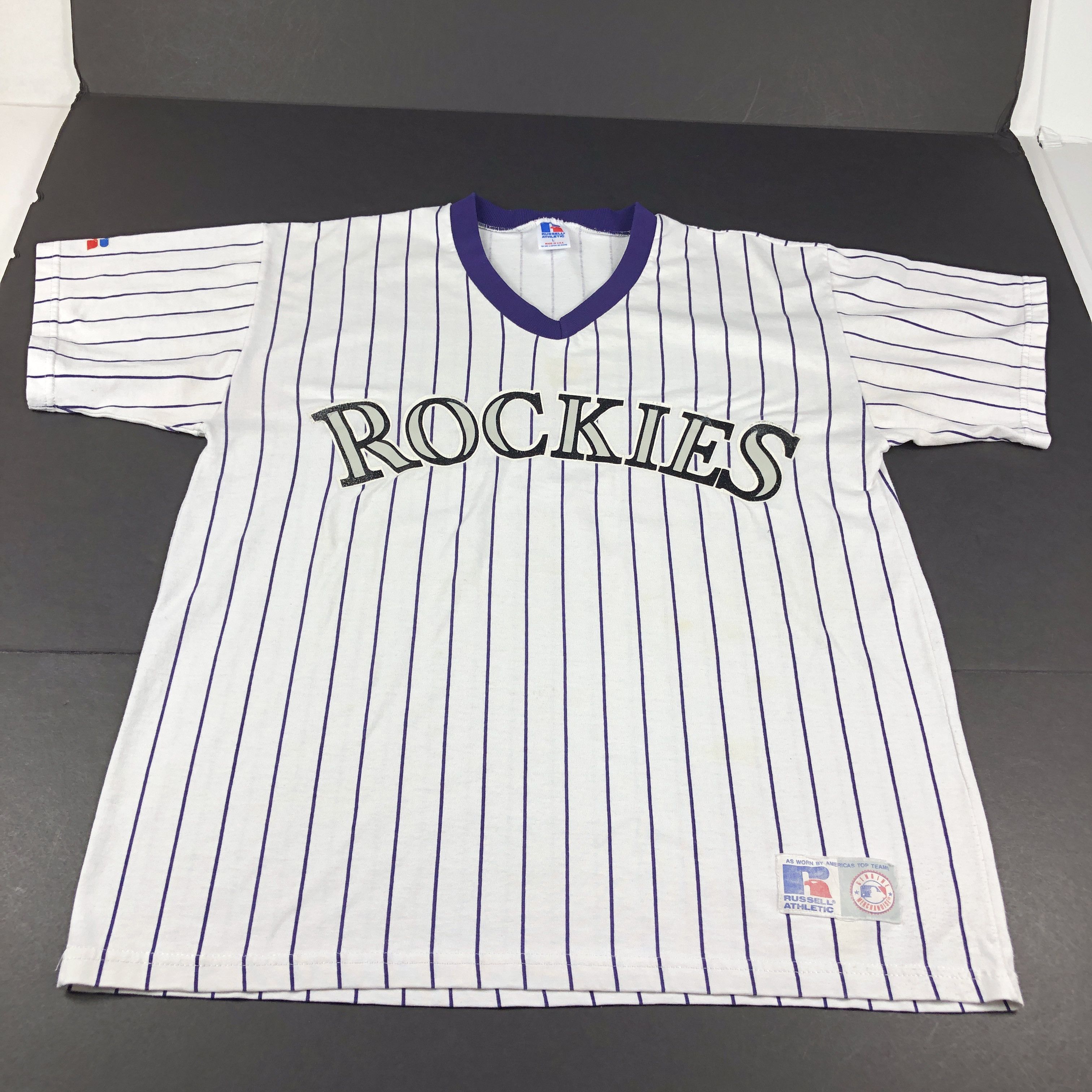 Vintage 90s Russell Athletic Pinstriped Colorado Rockies Baseball Jersey Sz M/L