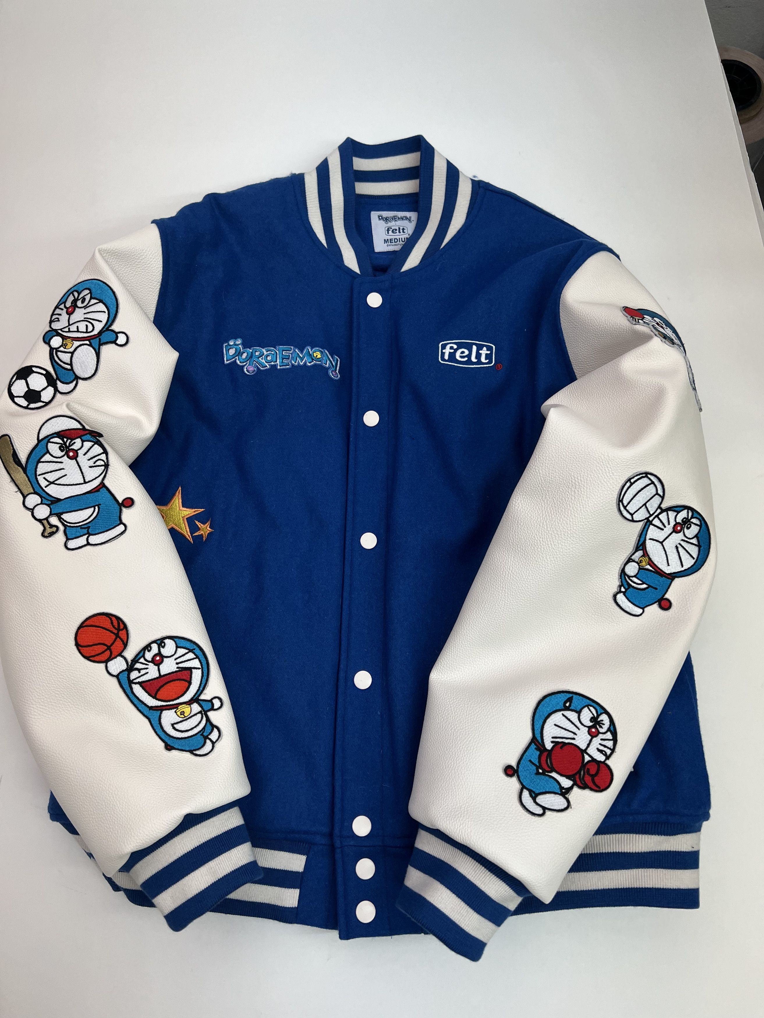 image of Felt Doraemon Varsity Jacket Blue White Leather, Men's (Size Medium)