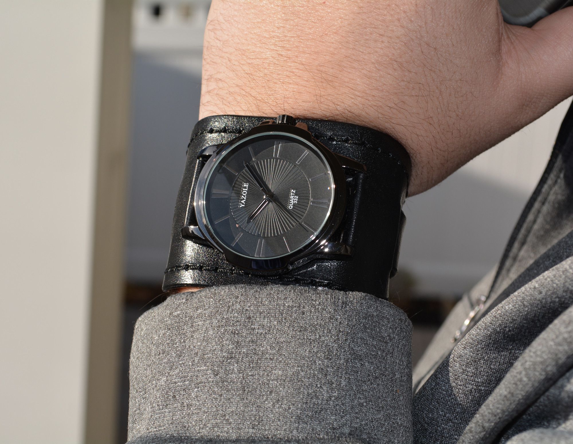Other Men's Leather Cuff Watch - Black on Black Size ONE SIZE - 1 Thumbnail